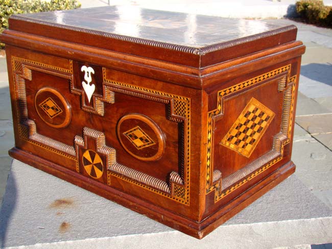 A FABULOUS 19th century British sailor-made walnut chest with applied moldings, fruitwood inlays and a whalebone keyhole escutcheon circa 1865-1880. — image 4
